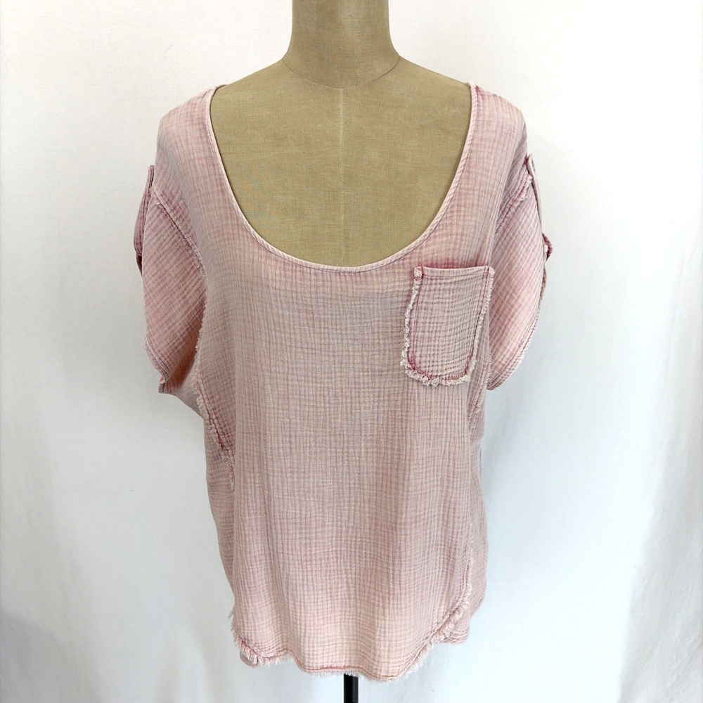 NWT XCVI Pink Maurise Gauze Jersey Tabbed-Sleeve Top XL #0651